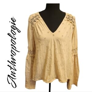 Anthropologie Eri + Ali Eyelet Shirt medium Bell Sleeves Beige boho top